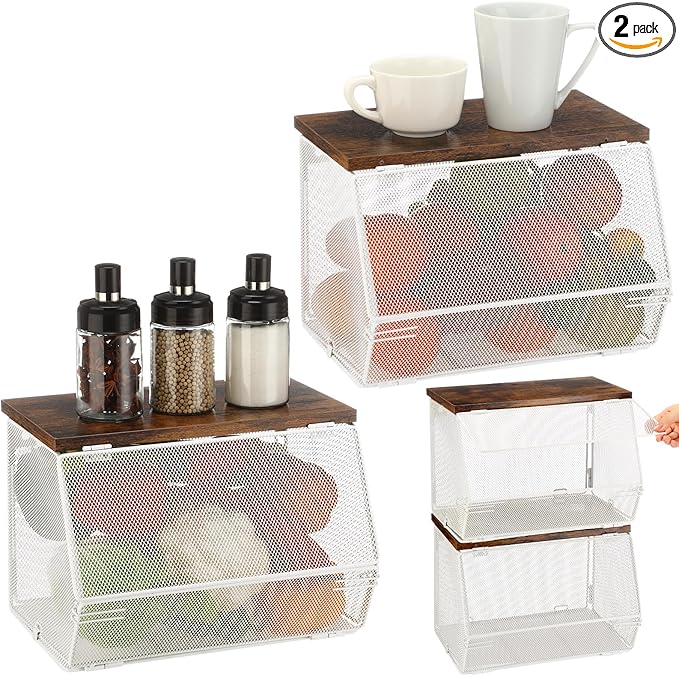 2 Pcs Stackable Mesh Fruit Basket with Lid Wall Produce Vegetable Storage Basket Onion Potato Snack Hanging Metal Wire Container for Kitchen Counter Pantry(Non-removable,White,7.1"w & 11.8"l)