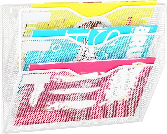3 Pockets Hanging Wall File Organizer Mail Holder, Wall Mounted Paper Document Folder Holder, Clipboard Storage Organization Magazine Rack, White