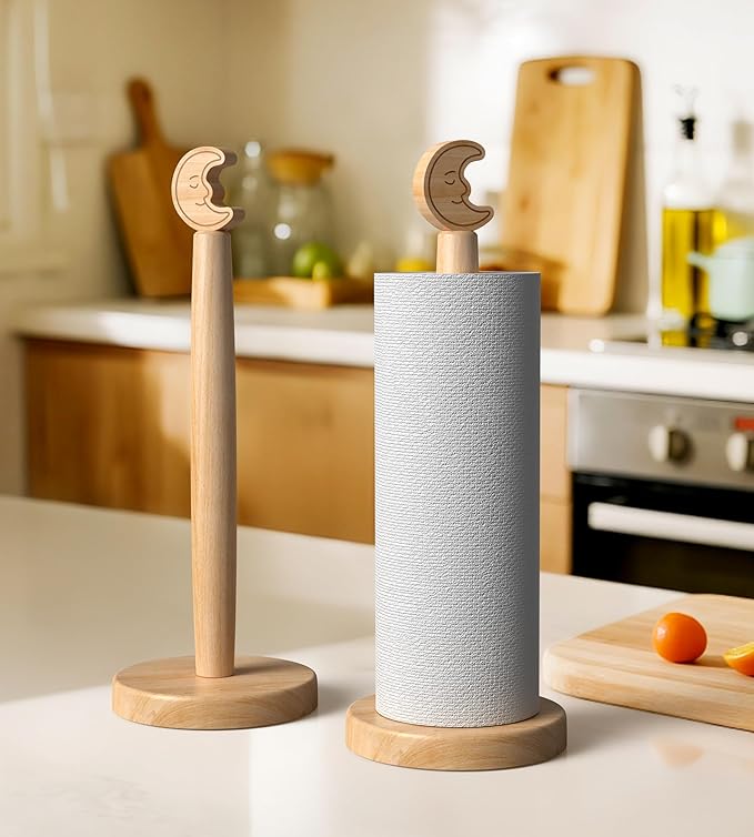 KitchLife Cute Wooden Paper Towel Holder Countertop - Solid Freestanding Paper Towel Dispenser Stand Organizer with Anti-Skid Base (Moon)
