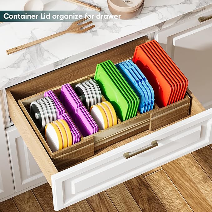 Expandable Lid Organizers Inside Cabinet, Kitchen Cabinet Organizers with 3 Adjustable Dividers, Storage Plastic Lids, Food Container Lid Holder Organizer for Drawer Pantry, Acacia
