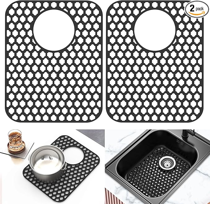 BEHOK 2 Pack Silicone Sink Protector for Kitchen Sink, 13.58" x 11.6" Heat-resistant Sink Mat Non-Slip and Durable Silicone Protectors, Rear Drain, Black