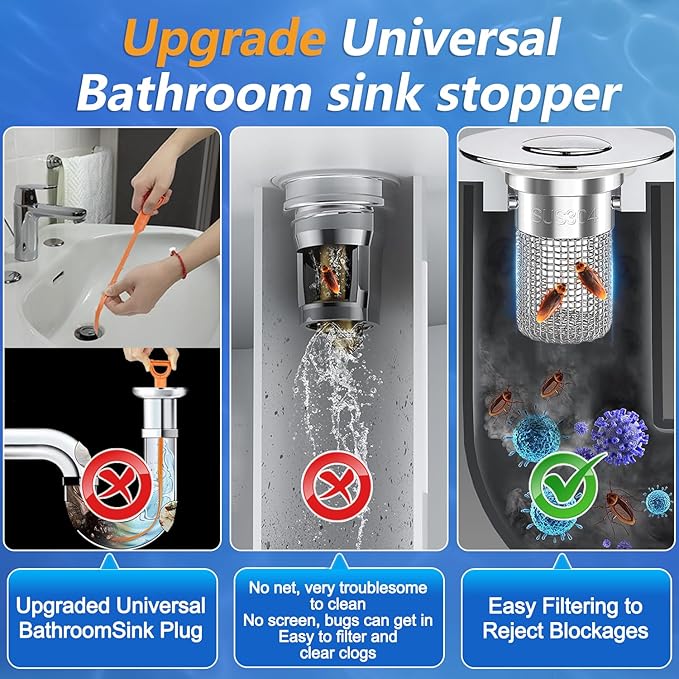 Sink Stopper Hair Catcher, Pop-up Sink Drain Strainer with Removable Stainless Steel Strainer Basket Hair Catcher, Bathroom Sink Strainer for Bathroom Sink Stopper Replacement(4PCS)