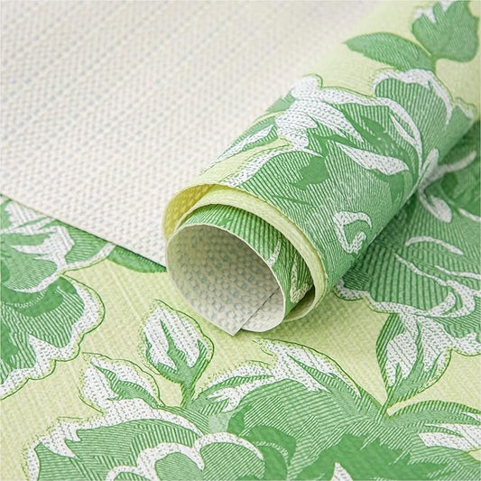 FIFTY FEET 18X96 Inch Shelf Liner for Kitchen Cabinets, PVC Drawer Liner for Dresser Non-Slip Bathroom, Non-Adhesive Cabinet Liner Washable (Green Flower)(1 Roll)
