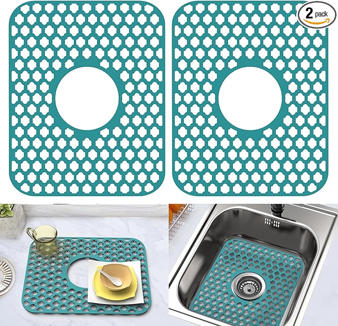 BEHOK Silicone Sink Protector for Kitchen Bathroom Sink, 2 Pack 13.58"x 11.6" Heat-resistant Mat, Non-Slip and Durable Silicone Protectors, Center Drain (Green)