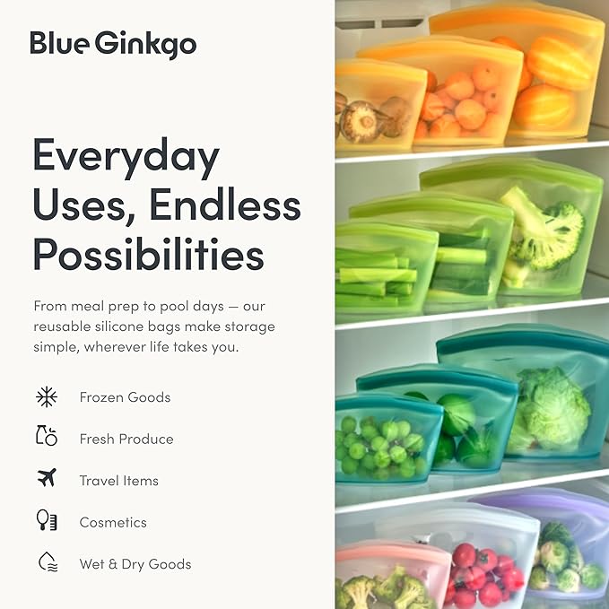 Blue Ginkgo Reusable Silicone Storage Bags – 4-Pack | Korean-Made Stand Up Food, Freezer Bags - Lavender