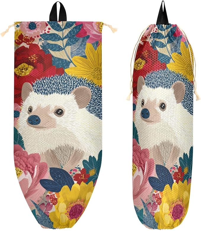 Plastic Bag Holder Wall Mount Grocery Bag Shopping Bag Storage Holder Organizer Dispenser with Adhesive Hook,for Kitchen Bathroom Home Decor 9x22 Inches Garden Flowers Hedgehogs Colorful12