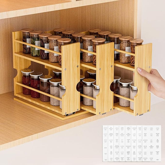 Jolitac Bamboo Pull Out Spice Rack for Cabinet, Slide Out Drawers, Space-Saving Seasoning Kitchen Pantry Sliding Vertical Organization, Easy to Install, 9.1" Wide, 3 Drawers(1.85" Wide), 2-Tier