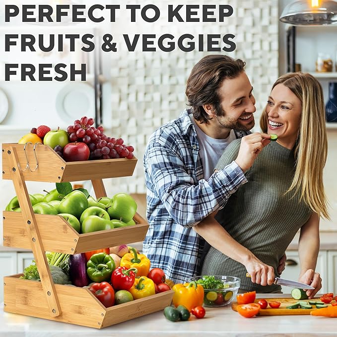 Bamboo Fruit Basket 3-Tier - Premium Produce Basket for Kitchen w/ 2 Hangers - Durable & Easy to Assemble Stand for Countertop - Perfect Holder for Vegetables, Bread, Snacks & More