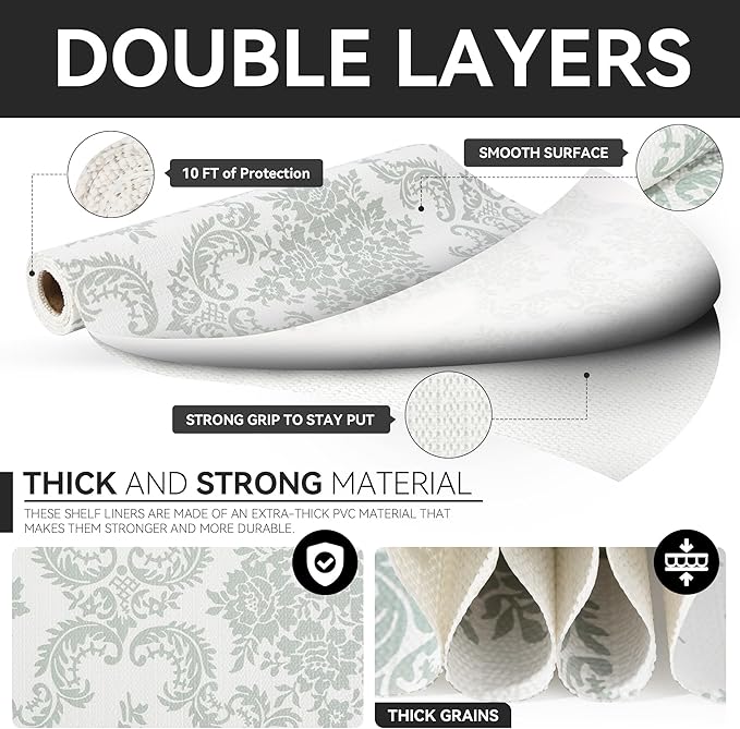 RAY STAR Shelf Liner, 12 Inch x 30 Feet Non Adhesive Vintage Sage Green Damask Floral Cabinet Liner for Pantry Drawer Vanity, Strong Grip Non Slip Waterproof, Shelf Liners for Kitchen Cabinets
