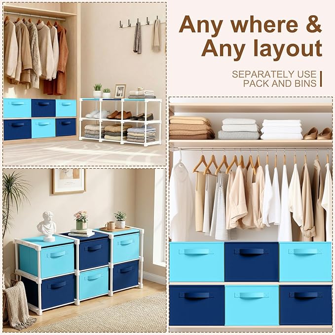 Thyle Large Cube Storage Organizer Shelf with 6 Bins 14 Inch Fabric Collapsible Cubby Storage Drawers Shelving Unit for Christmas Ornaments Clothes Toys Craft(Dark Blue,Light Blue,Colorful)