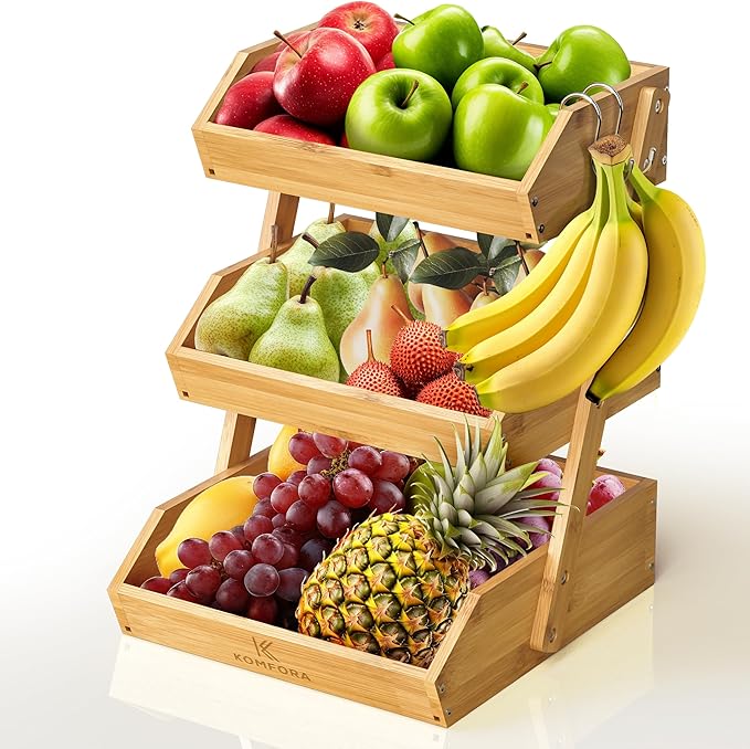 Bamboo Fruit Basket 3-Tier - Premium Produce Basket for Kitchen w/ 2 Hangers - Durable & Easy to Assemble Stand for Countertop - Perfect Holder for Vegetables, Bread, Snacks & More