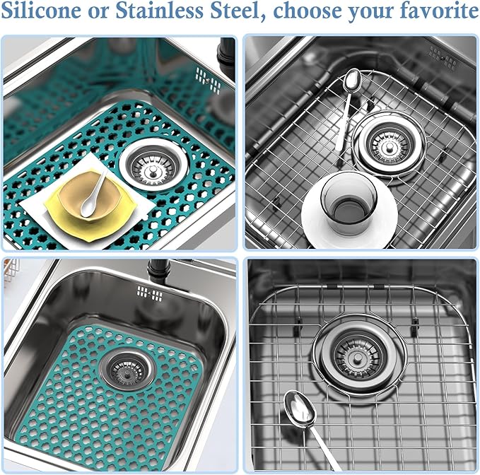 BEHOK 2 Pack Silicone Sink Protector for Kitchen Sink Bathroom, 13.58" x 11.6" Heat-resistant Sink Mat Non-Slip and Durable Silicone Protectors, Rear Drain, Green