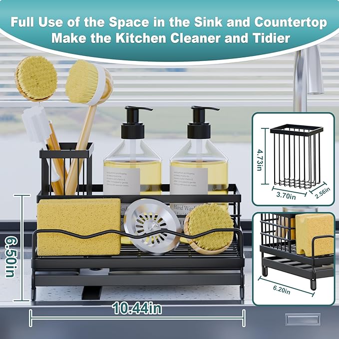Sponge Holder for Kitchen, Sink Caddy with Tall Brush Holder & Quick-Drain Tray, 360° Swivel Spout, Stainless Steel Sink Organizer, All-in-One Organizer for Sponges, Brushes & Soap