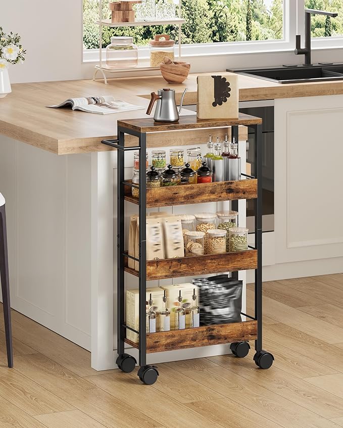 CHOEZON 4-Tier Slim Storage Cart, 7.1'' Kitchen Serving Trolley, Slim Rolling Cart with Handle and Guard Rails, Slim Cabinet for Small Spaces, for Dining Room, Rustic Brown and Black TTC02BF