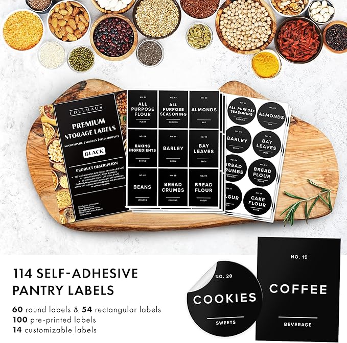 Minimalist Pantry Labels - 114 Self-Adhesive, Waterproof & Oil-Resistant Kitchen Labels for Organizing Storage Bins, Jars & Containers (Black)