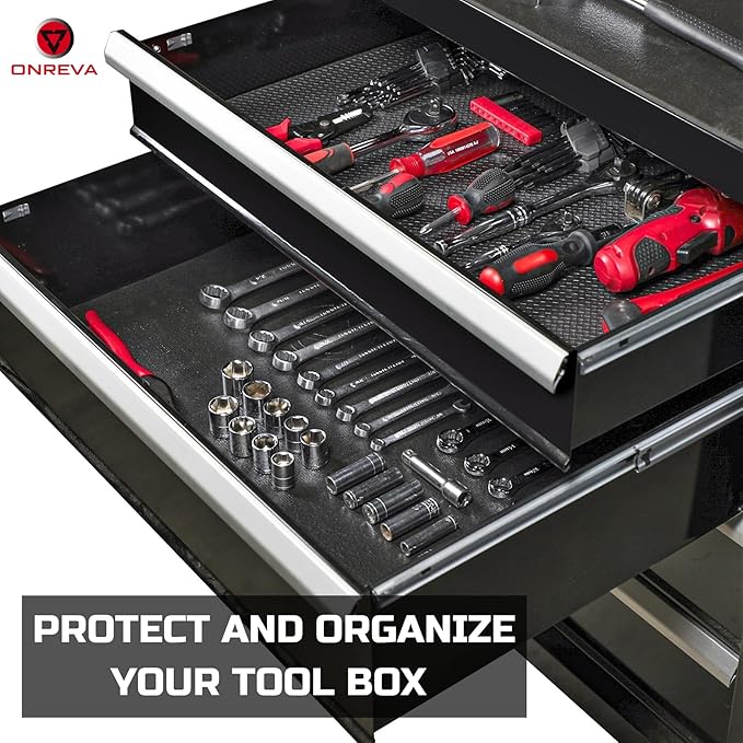 ONREVA Tool Box Liner 36 inch wide x 18 ft Large, Thick Heavy Duty Toolbox Drawer Liners, Rolling Tool Chest Foam Mat, Shelf Rubber Mat, Black Non-slip Organizer Pad for Cabinet, Workbench