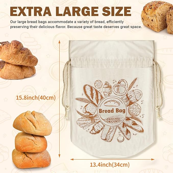 Large Cotton Beeswax Bread Bags for Sourdough with Drawstring Closure (1 Pack) Reusable Bread Storage Bags Keep Loaves Fresh, Freezer-Safe, baking container for gifting (Cylinder Design)