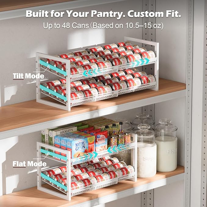 iSPECLE Extendable Can Organizer for Pantry, Adjustable Width Can Storage Organizer for 48 Cans, Heavy Duty Auto Rolling Dispenser Rack, Stackable Metal Holder for Soup Spices Snacks, White