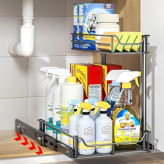 Under Sink Organizer, 2 Tier Pull Out Cabinet Organizer and Storage for Kitchen Fully Extendable Slide out, Heavy Duty Under Sink Storage for Bathroom Laundry Kitchen Pantry Closet (Black Large Size)