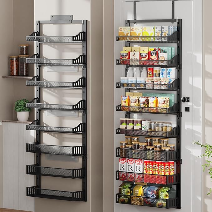 8-Tier Over the Door Pantry Organizer, Large Metal Door Spice Rack with Adjustable Basket, 2 in 1 Wall Mount or Hanging Heavy-Duty Pantry Door Storage Shelf for Kitchen and Bathroom, Black