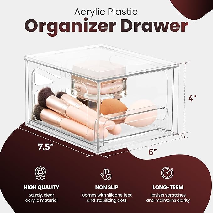 Clear Stackable Storage Drawers - 2-PACK - Acrylic Plastic Organizer Drawer for Bathroom Vanity Cabinet, Kitchen Countertop, Small Office Organization. Easily Organize All Cosmetic Makeup Supplies.