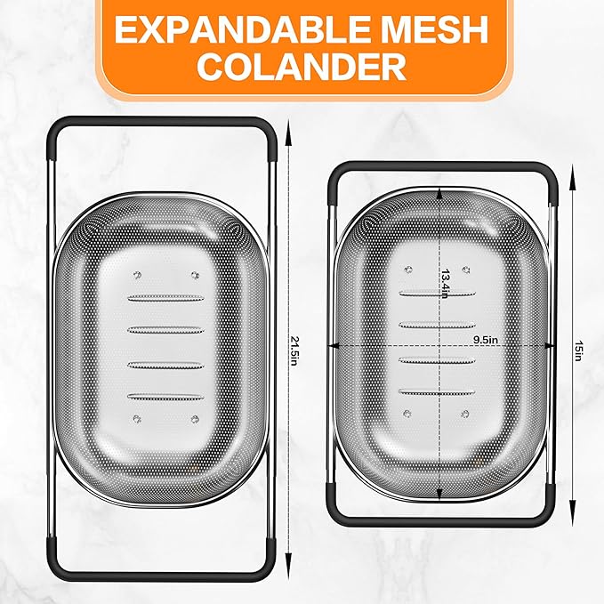 Over the Sink Colander - Strainers and Colanders - Sink Strainer Basket - Expandable Fine Mesh Strainer with Rubber Grip for Veggie, Fruits, Pasta, Home Kitchen Essentials (9.5W x 13.4-21.3L x 3.3H)