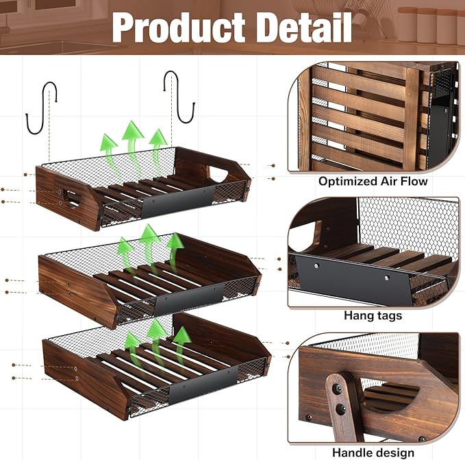 3 Tier Fruit Basket for Kitchen Counter Organizer with Banana Hangers Wooden Fruit Basket Kitchen Counter Storage Holder for Onion Potato Bread Vegetable Organize(15.75 x 13.7 x 16.9 Inches)