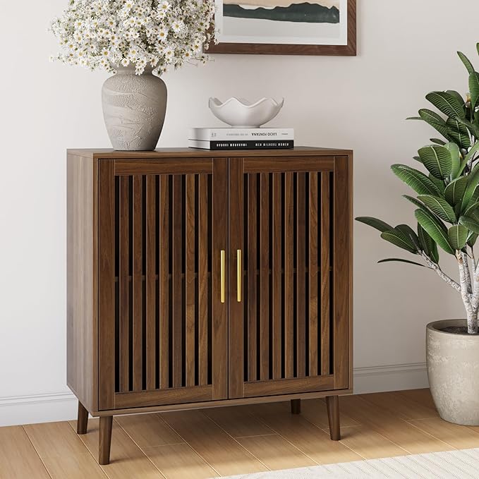 Sideboard Cabinet, 31.5" W Farmhouse Buffet Cabinet with Slatted Doors & Adjustable Shelf, Wood Coffee Bar Storage Station for Kitchen, Dining Room, Living Room, Entryway, Walnut Color