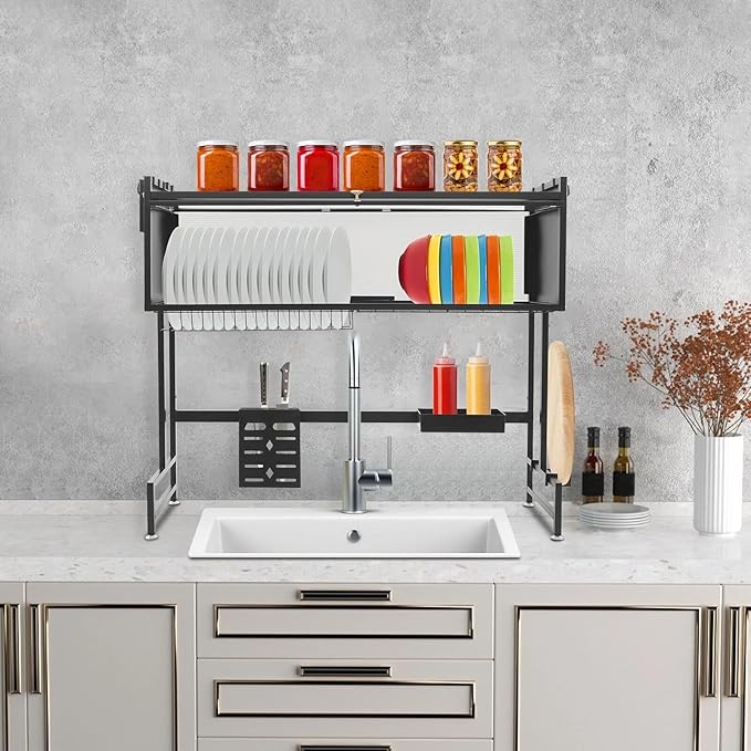 Over The Sink Dish Drying Rack, 3 Tier Large Dish Drainer Drying Rack with Drainboard, 40 Inch Stainless Steel Multifunctional Kitchen Organizer Storager for Dishes Glasses Bowls Cutlery