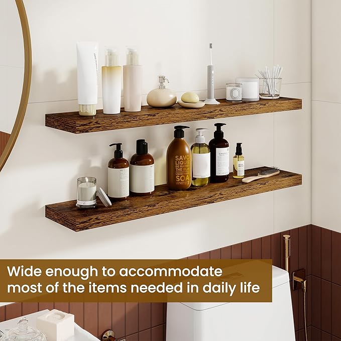 Dreamland 30Inch Floating Shelves for Wall, Rustic Wooden Floating Shelves for Bathroom|Bedroom|Kitchen, 2 Pack Deep Wall Mounted Book Shelf, Wood Storage Display Shelf for Home Decor, Brown