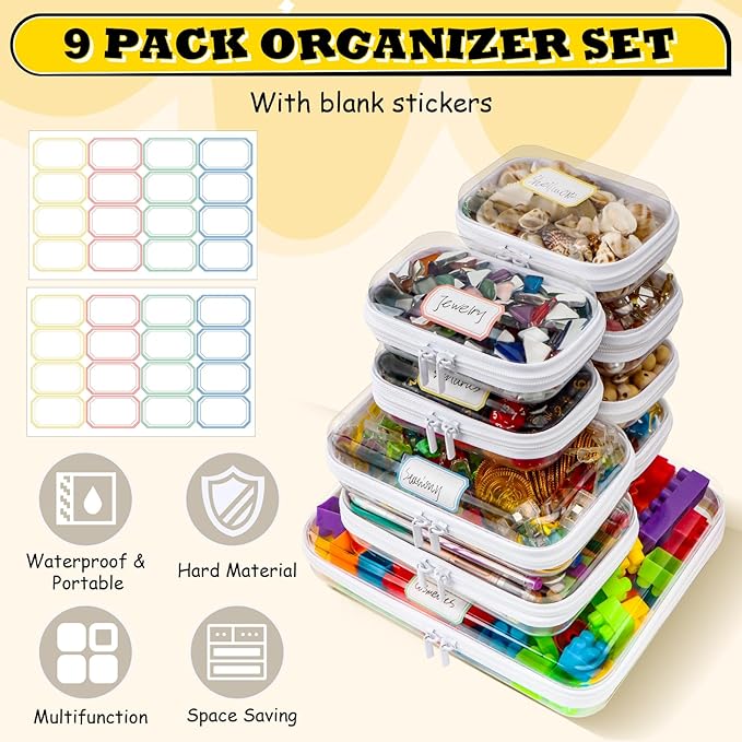 9 Pack Clear Hard Shell Zipper Case,Waterproof Toiletry Cosmetic Bag,Toy Organizers and Storage Box,Diaper Bag Organizer,Pencil Case,Clear Plastic Zipper Pouches for Office Home Storage(L,2S,6Mini)