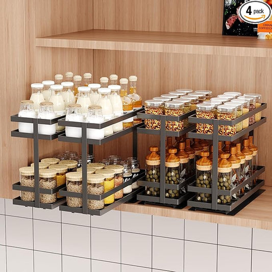 4 Pack Pull Out Spice Rack Organizer for Cabinet, 2 Tier Metal Slide Out Seasoning Organizer and Storage Heavy Duty Vertical Spice Rack Shelf Pullout for Kitchen Cabinets No Drilling (Black)