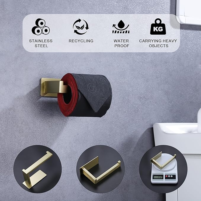 LANC Gold Toilet Paper Holder, Self-Adhesive Toilet Roll Holder Wall Mounted for Bathroom RV, Stick On Tissue Roll Holder with No Drilling Rustproof Stainless Steel,Brushed Gold, A8307BG