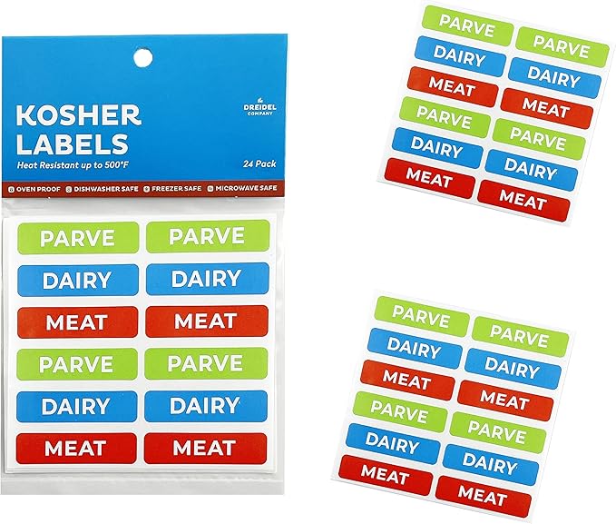 Kosher Sticker Labels, (24 Pack) 8 Blue Dairy, 8 Red Meat, 8 Green Parve Stickers, Ovenproof up to 500°, Freezable, Microwavable, Dishwasher Safe, English, Color Coded Kitchen Tools (Rectangle)