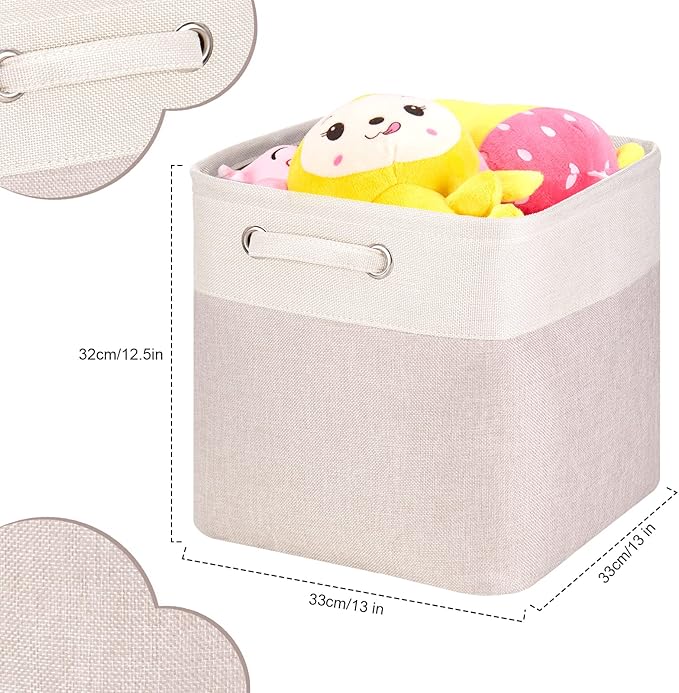 SYYOFUE 3 Pack 13x13x13 Storage Cube Bins with Handles, Beige Fabric Storage Baskets Heavy Duty Foldable - Cloth Organizer Bins for Closet, Shelf, Office (13 Inch Cube Storage Bins)
