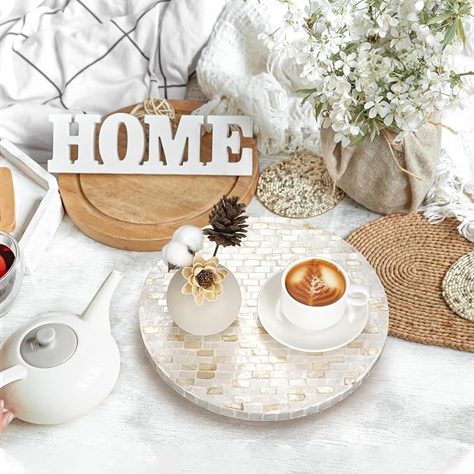 Mother of Pearl Lazy Susan for Table Turntable Organizer Wood Round Spinning Tray Rotating for Kitchen Cabinet Counter Spice Pantry 12 Inch (Marble Pattern)