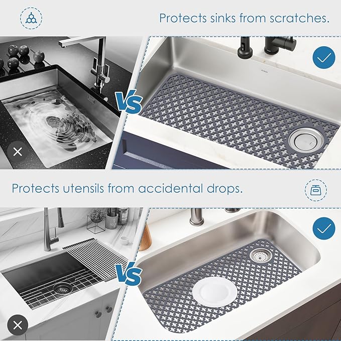 Flytime Silicone Kitchen Sink Protector Mat with Right & Left Drain, 28.35"x 14.37" Kitchen Snk Grid Accessory, Non-Slip Folding Heat-Resistant Mat for Bottom of Farmhouse Stainless Steel