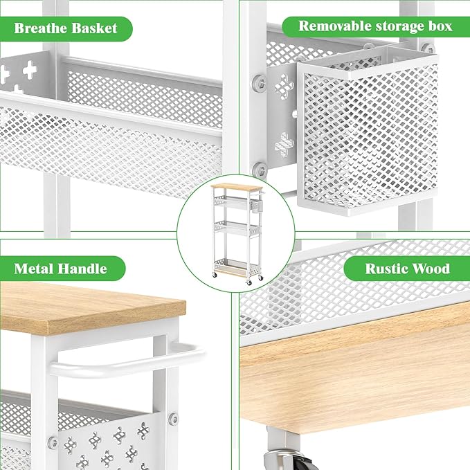 Utility Slim Rolling Storage Cart with Wheels, 4 Tier Narrow Metal Kitchen Cart Bathroom Laundry Room Organization Trolley with Wood Rack and Removable Mesh Basket for Small Space, 7.1IN White