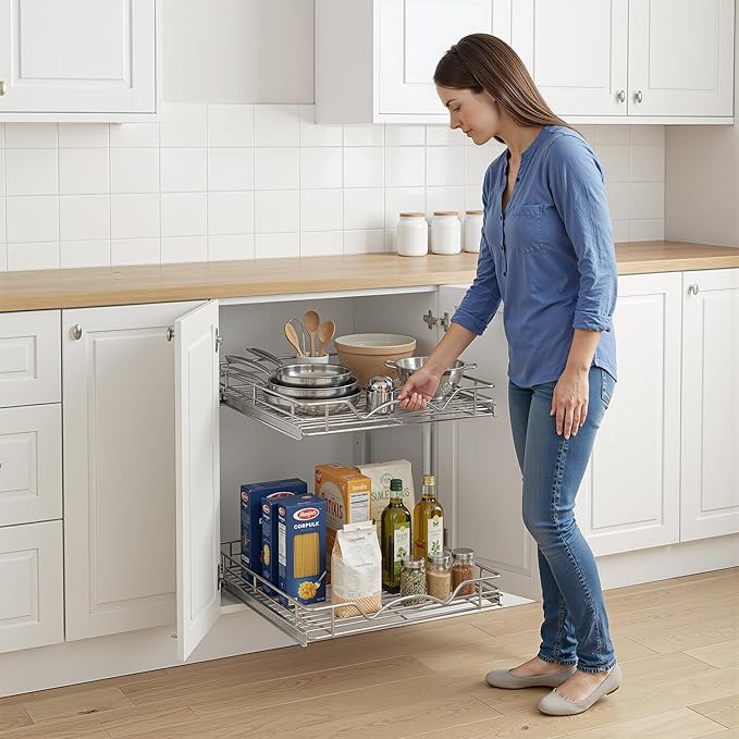 HOLDN’ STORAGE Two Tier Pull Out Cabinet Organizer, Individual Sliding Drawers - Heavy Duty Metal with Lifetime Limited Warranty - Anti Rust Chrome Finish - 22" W x 21”D x 16.5" H