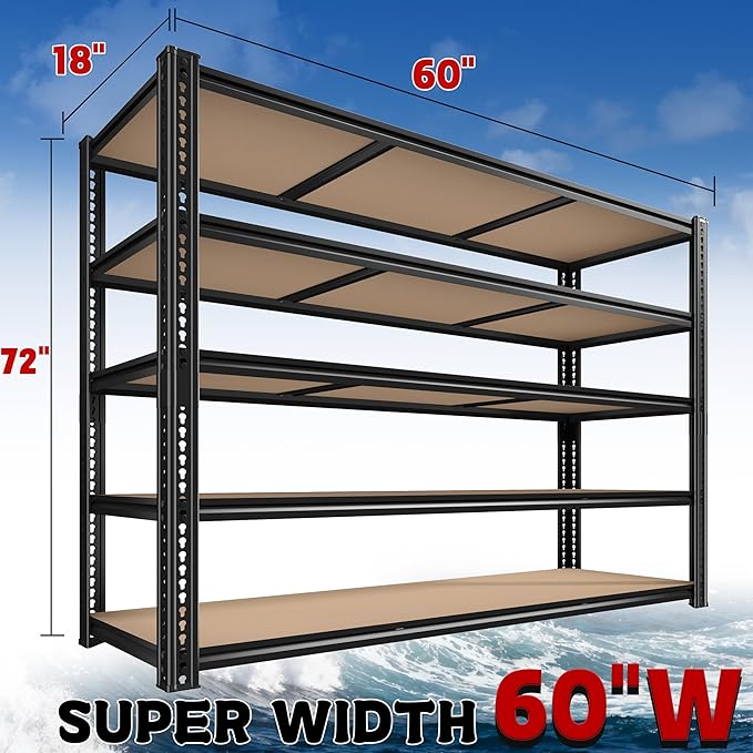 3500LBS Garage Shelving 60" W Metal Shelving 72" H Storage Shelves Heavy Duty 5 Tier Adjustable Shelving Unit for Storage Rack Pantry Shelf Commercial,60" W x 18" D x 72" H,2PC