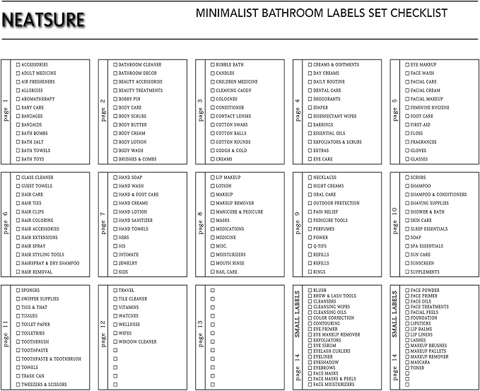 Neatsure 192 Minimalist Bathroom Labels for Organizing, Preprinted Waterproof Bath Beauty Makeup Organization Stickers for Bottles, Dispenser, Bins, Jars and Containers