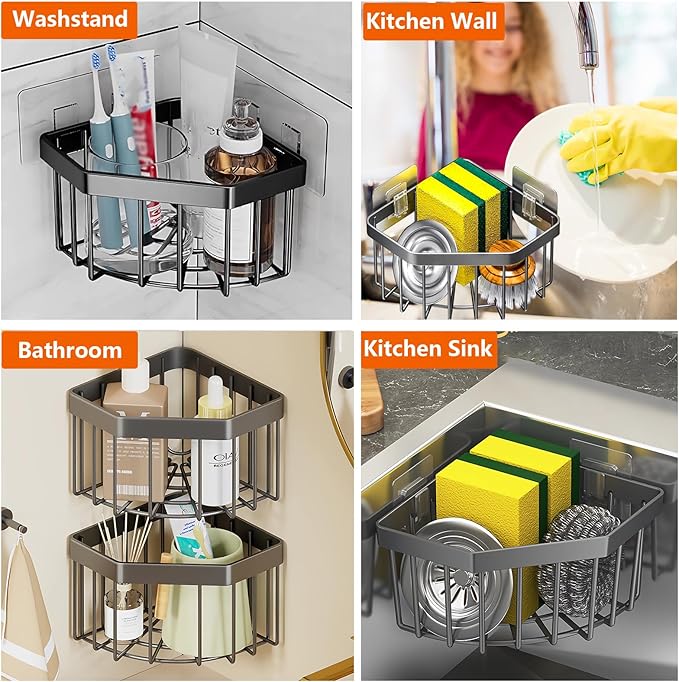 Kitchen Sink Caddy Corner Sponge Holder, CIT ZCFYU Adhesive Stainless Steel Dish Sponge Holder,Dish Cloth Hanger Kitchen Sink Organizer Soap Storage Rack for Space-Saving Storage(not for Rounded) Grey