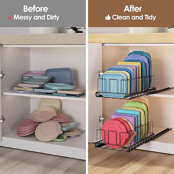Housolution Pull Out Food Container Lid Organizer with Sliding Rail, Slide Out Plastic Lid Holder Compatible with Tupperware, Metal Storage Rack with 10 Adjustable Dividers for Cabinet, 2 Pack
