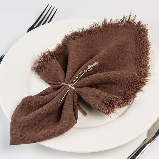Handmade Cloth Napkins with Fringe,18 x 18 Inches Cotton Linen Napkins Set of 4 Versatile Handmade Square Rustic Fringe Napkins for Dinner, Wedding and Parties, Chocolate