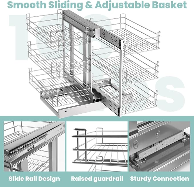 Slide Out Soft Close Blind Cabinet Pull Out Organizer, Min Opening 13" Blind Corner Cabinet Pull Out 3 Tier 6 Shelf, Magic Corner Pull Out Corners Cabinet for Kitchen