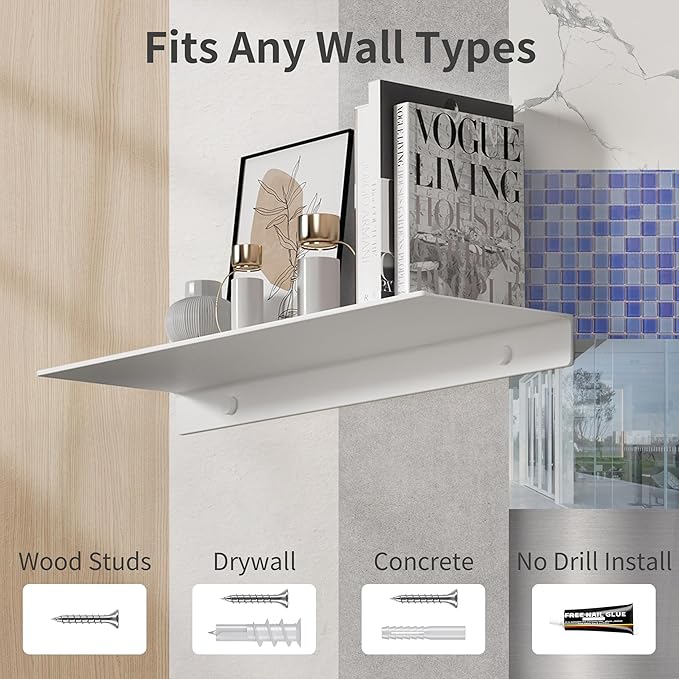 Danpoo White Floating Shelves for Wall Storage, Metal Wall Shelves for Living Room, Bathroom, Kitchen, 16” Long Display Shelves for Collectibles(2 PCS)