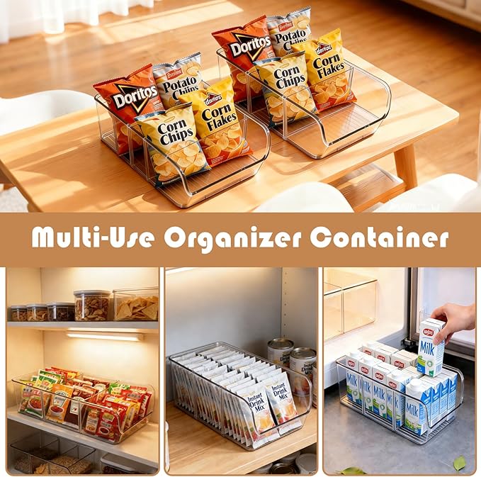 4 Pack Chip Bag Organizer for Pantry, 3-Compartment Chip Storage Containers with Detachable Dividers, Pantry Organizers and Storage for Chip and Snacks, Snack Organizer for Pantry, Fridge, and Cabinet
