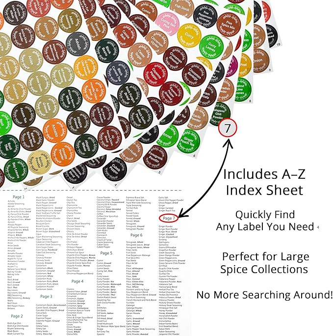 672 Color-Coded Spice Labels with A–Z Index – Waterproof & Oil-Resistant Preprinted Round Stickers for Kitchen Jars – 1.2" Pantry Labels for Spices, Seasonings, and Herbs – Modern Color Style