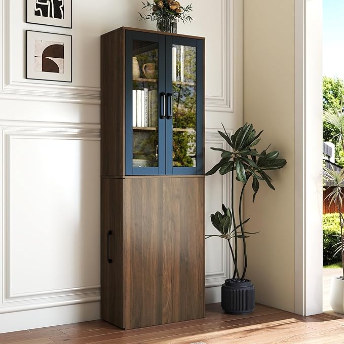 Walnut Tall Storage Cabinet with Glass Doors and Rolling Cart, 71” Wooden Pantry Cabinet with 4-Tier Pull-Out Shelf, Modern Display Bookcase for Kitchen, Bathroom, Study, Living Room