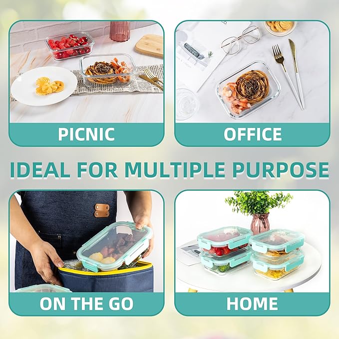 10 Pack 22 oz Glass Meal Prep Containers, Food Storage Containers with Lids, Airtight Leakproof Lunch Containers for Kitchen, Freezer, Microwave, Dishwasher Safe (Mint Green)